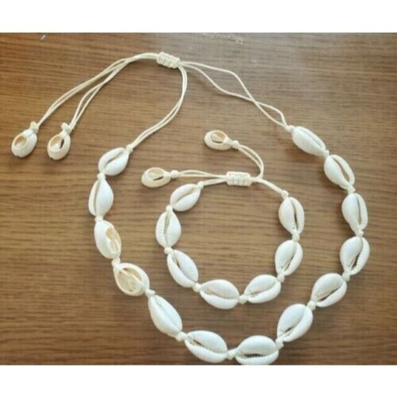 Cowrie Shell Waxed Cord Bead Choker And Bracelet Set Crème Cord - Picture 1 of 6